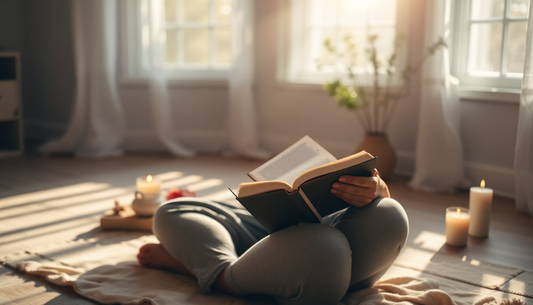Devocional aberto sobre uma mesa, ao lado de uma chávena de café e de uma Bíblia