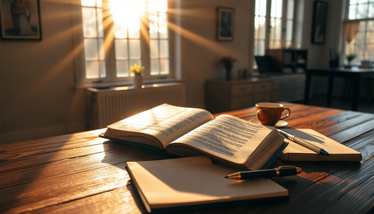 Bíblia aberta sobre uma mesa com um caderno de anotações e um plano de leitura anual