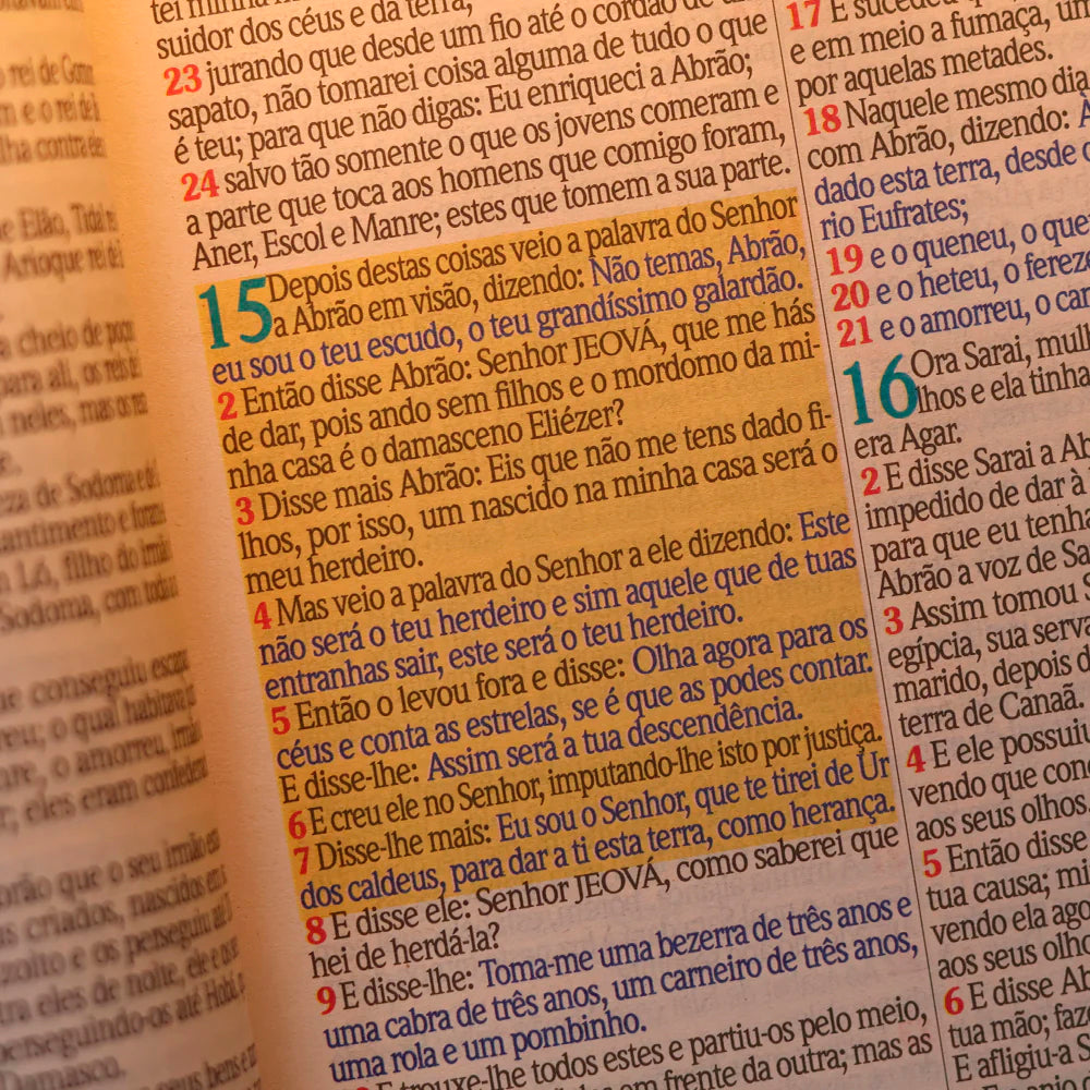 Miolo aberto em letra jumbo com palavras de Deus a azul e palavras de Jesus a vermelho