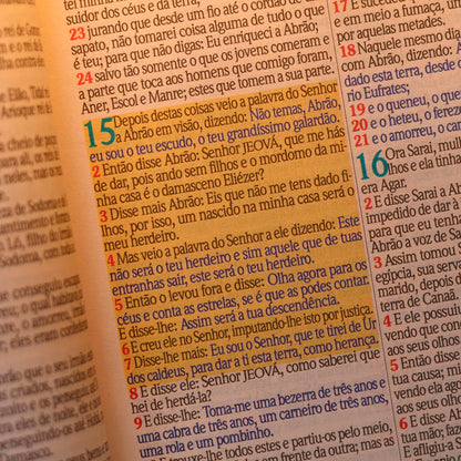 Miolo aberto em letra jumbo com palavras de Deus a azul e palavras de Jesus a vermelho
