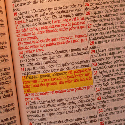 Páginas da Bíblia ARC letra jumbo com promessas de Deus destacadas a cor