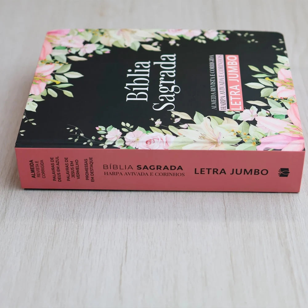 Bíblia Sagrada ARC Letra Jumbo com Harpa Avivada e Corinhos – Capa Dura Preta com Flores