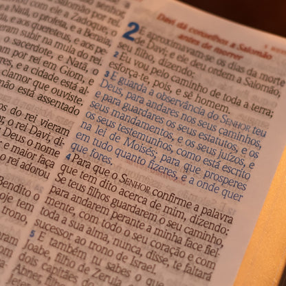 Miolo aberto da Bíblia ARC em letra hipergigante, texto a duas colunas