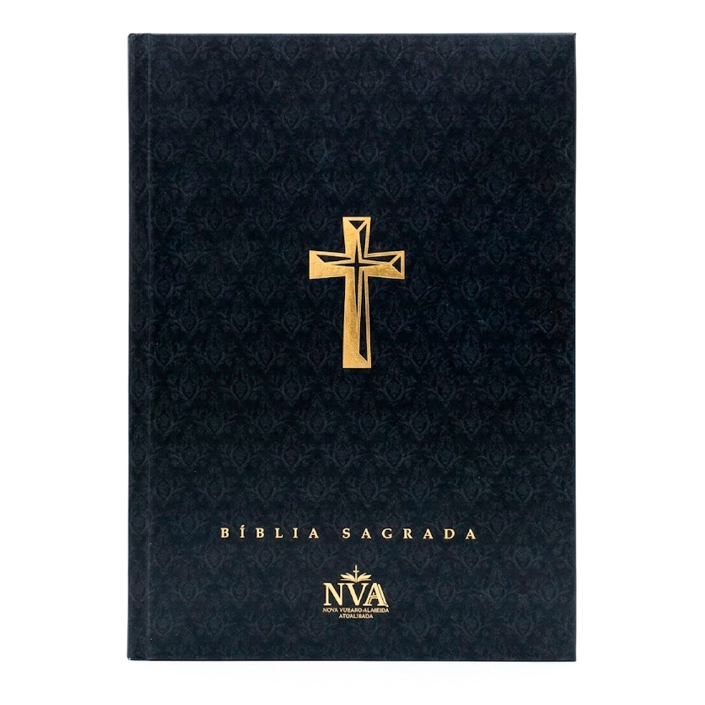 Bíblia Sagrada NVA capa brochura preta com arabesco e cruz dourada — capa frontal