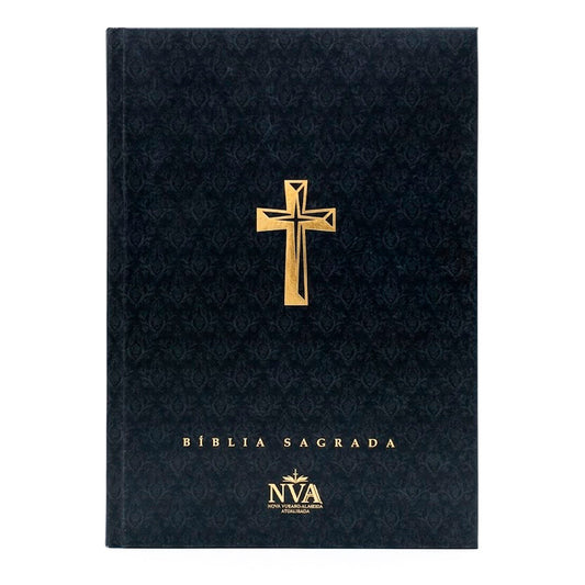 Bíblia Sagrada NVA capa brochura preta com arabesco e cruz dourada — capa frontal